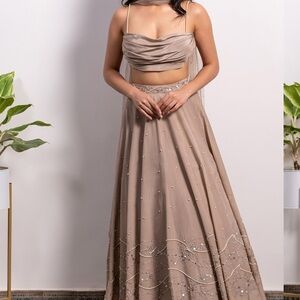 Elegant A-Line Silky Bindra lehenga set in Brown with Embellishments